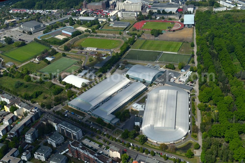 Berlin from above - Ensemble of sports grounds and Eisschnelllaufhalle in Sportforum Berlin Konrad-Wolf-Strasse in the district Hohenschoenhausen in Berlin, Germany