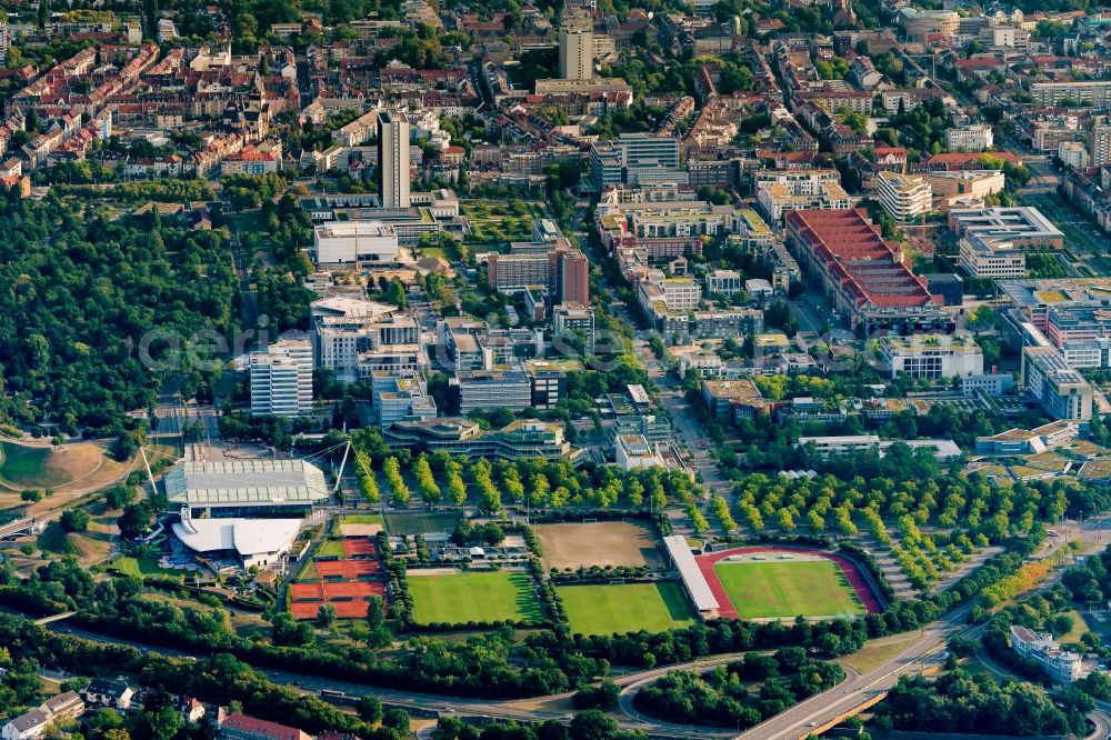 Karlsruhe from above - Ensemble of sports grounds and Europahalle in Karlsruhe in the state Baden-Wurttemberg, Germany