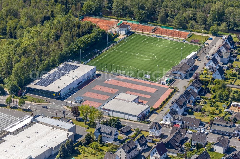 Bamenohl from above - Ensemble of sports grounds SG Finnentrop/Bamenohl 12/27 e.V. in Bamenohl at Sauerland in the state North Rhine-Westphalia, Germany