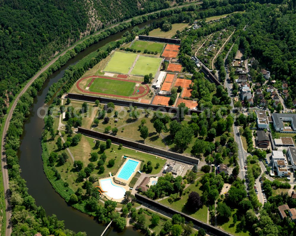 Bad Kreuznach from above - Ensemble of sports grounds Friedrich-Moebus-Stadion on street Pfingstwiese in Bad Kreuznach in the state Rhineland-Palatinate, Germany