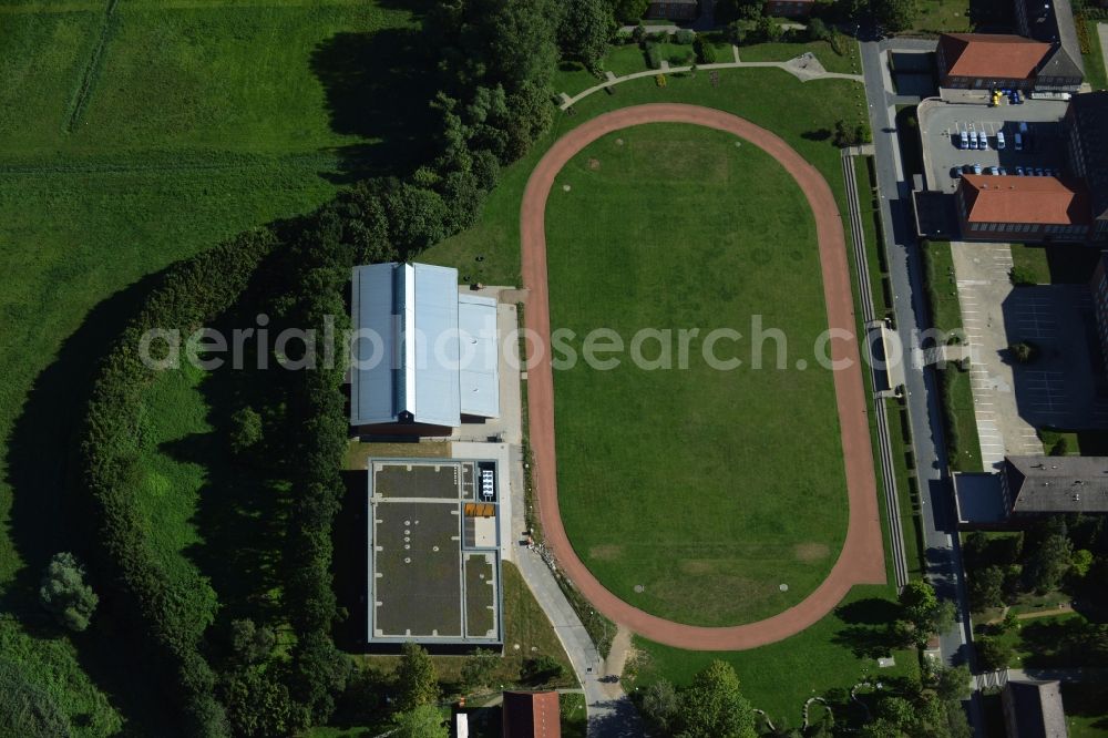 Güstrow from above - Ensemble of sports grounds of the Fachhochschule fuer oeffentliche Verwaltung, Polizei und Rechtspflege in Guestrow in the state Mecklenburg - Western Pomerania