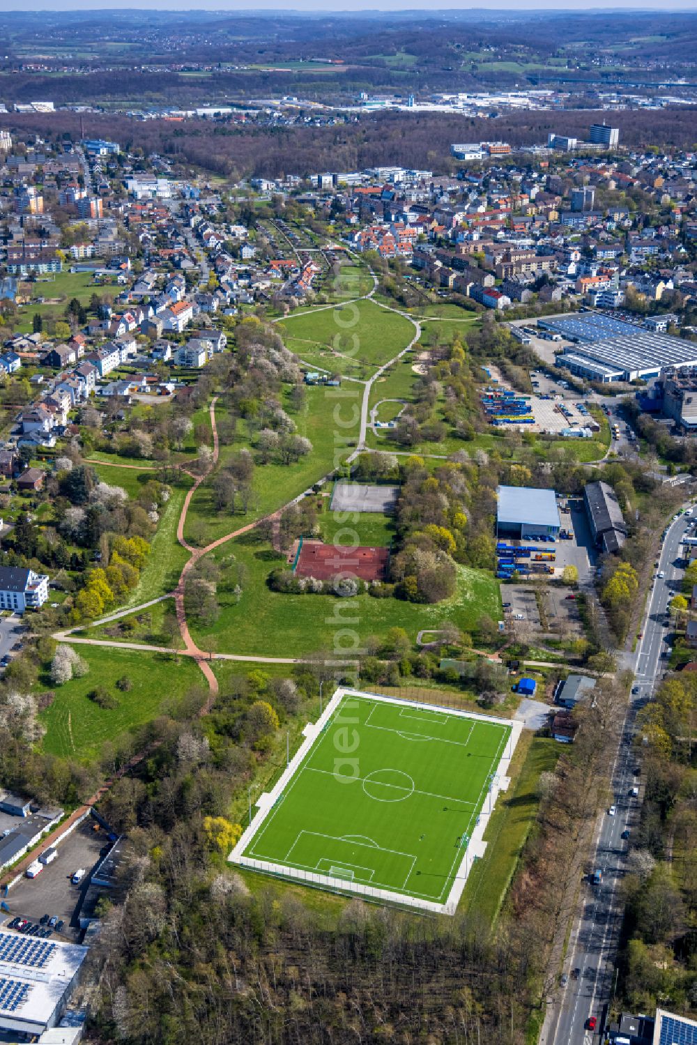 Hagen from above - Ensemble of sports grounds on Alexanderstrasse in Hagen in the state North Rhine-Westphalia, Germany