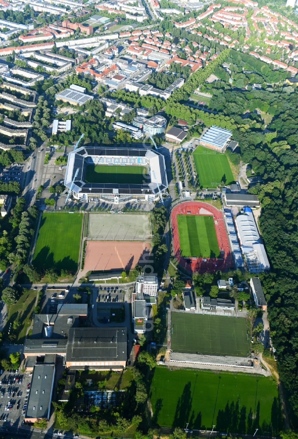 Rostock from above - Ensemble of sports grounds Hansaviertel in Rostock in the state Mecklenburg - Western Pomerania, Germany