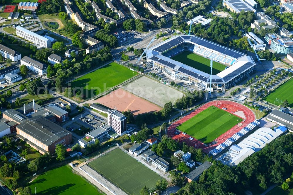 Aerial image Rostock - Ensemble of sports grounds Hansaviertel in Rostock in the state Mecklenburg - Western Pomerania, Germany