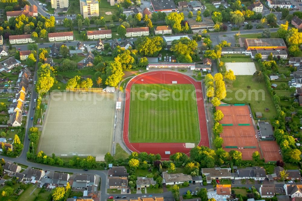 Bergkamen from above - Ensemble of sports grounds Lessingstrasse in Bergkamen in the state North Rhine-Westphalia, Germany