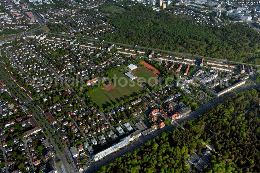 München from above - Ensemble of sports grounds MTV - Maenner - Turn - Verein Muenchen on Werdenfelsstrasse in the district Sendling-Westpark in Munich in the state Bavaria, Germany