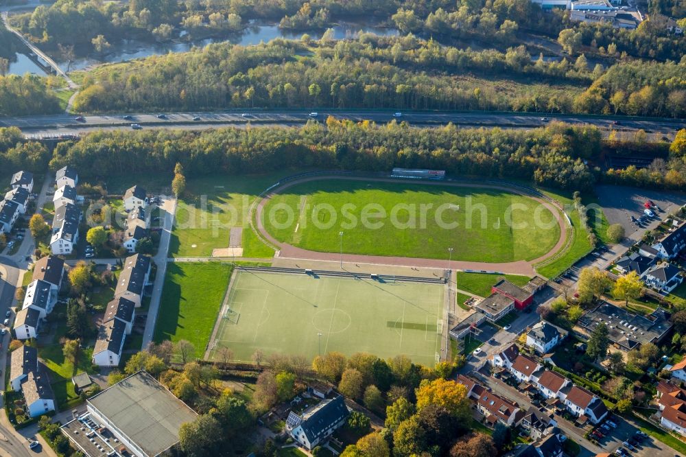 Arnsberg from above - Ensemble of sports grounds of SC Neheim e.V. at Binnerfeld in the district Neheim in Arnsberg in the state North Rhine-Westphalia, Germany