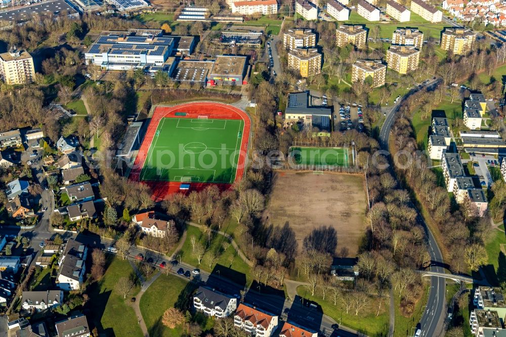 Hagen from above - Ensemble of sports grounds in the district Helfe in Hagen in the state North Rhine-Westphalia, Germany