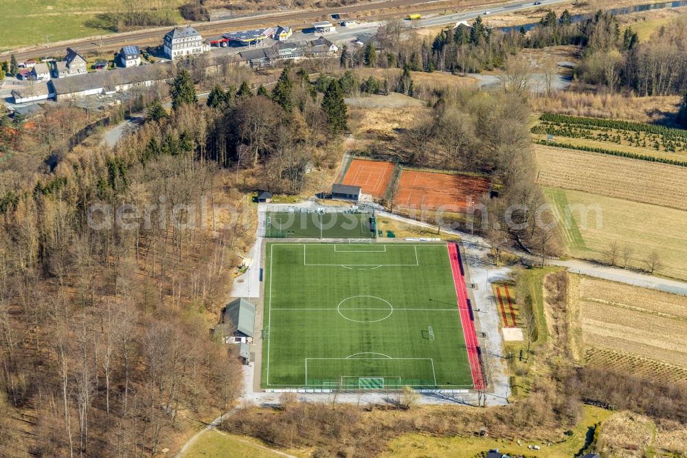 Ostwig from above - Ensemble of sports grounds on street Auf dem Schilde in Ostwig at Sauerland in the state North Rhine-Westphalia, Germany