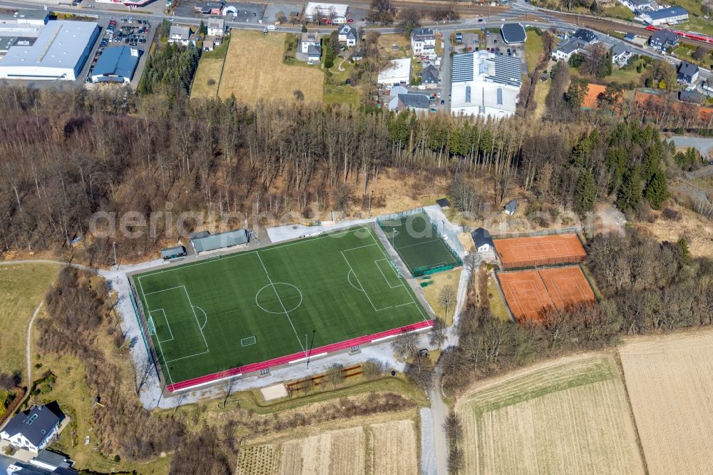 Aerial image Ostwig - Ensemble of sports grounds on street Auf dem Schilde in Ostwig at Sauerland in the state North Rhine-Westphalia, Germany