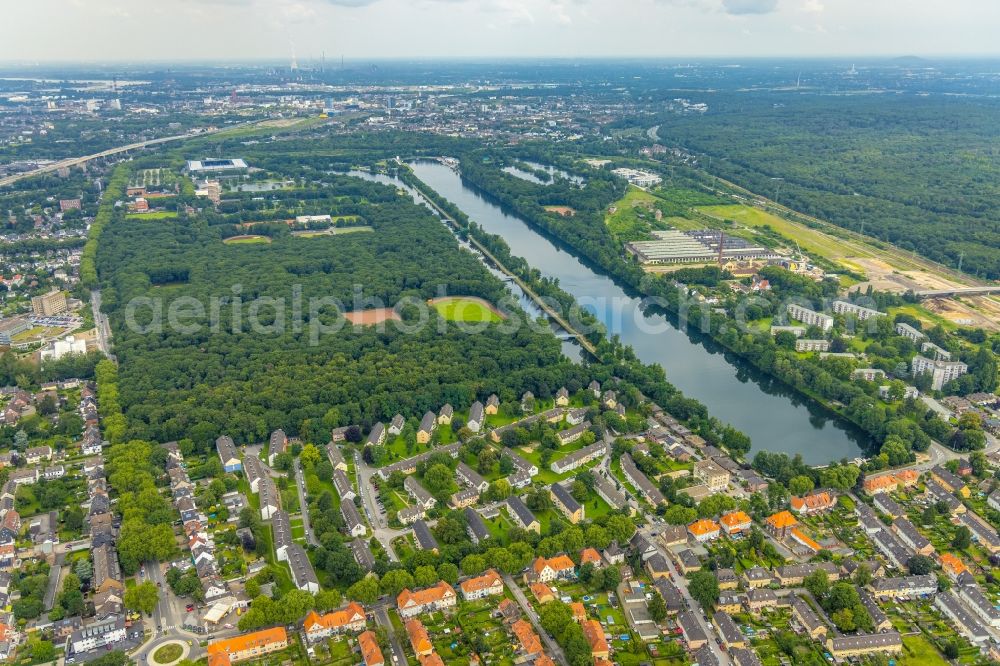 Duisburg from above - Ensemble of sports grounds and parks of the Sportpark Duisburg next to the regatta course in the district Neudorf-Sued in Duisburg at Ruhrgebiet in the state North Rhine-Westphalia, Germany