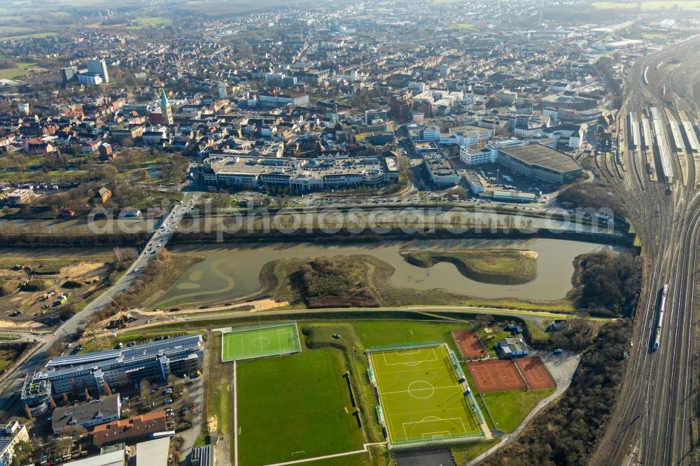 Hamm from the bird's eye view: Ensemble of sports grounds on Philipp-Reis-Strasse in Hamm in the state North Rhine-Westphalia, Germany