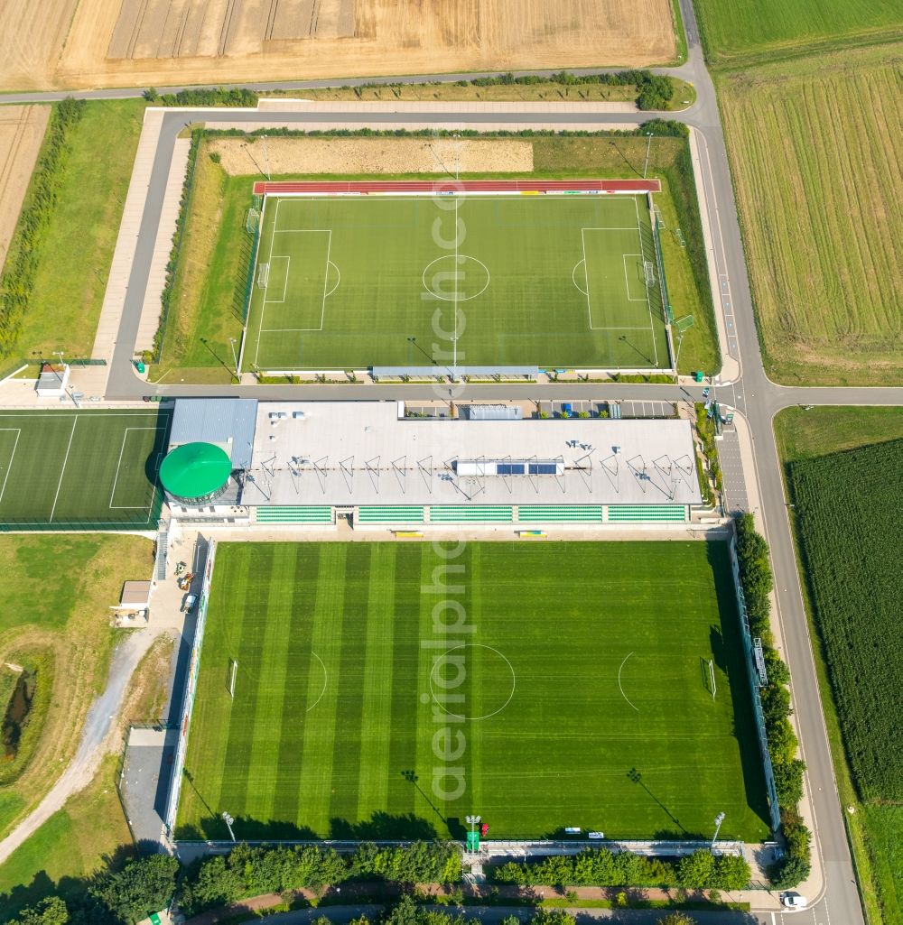 Rödinghausen from above - Ensemble of sports grounds of the stadium Haecker Wiehenstadion of the sports club SV Roedinghausen e.V. in Roedinghausen in the state North Rhine-Westphalia