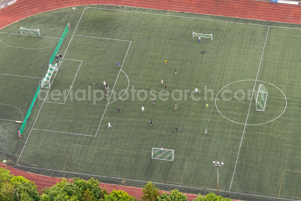 Bad Berleburg from above - Ensemble of sports grounds and Rothaarbad Am Sportfeld in the district Am Stoeppelsweg in Bad Berleburg at Siegerland in the state North Rhine-Westphalia, Germany