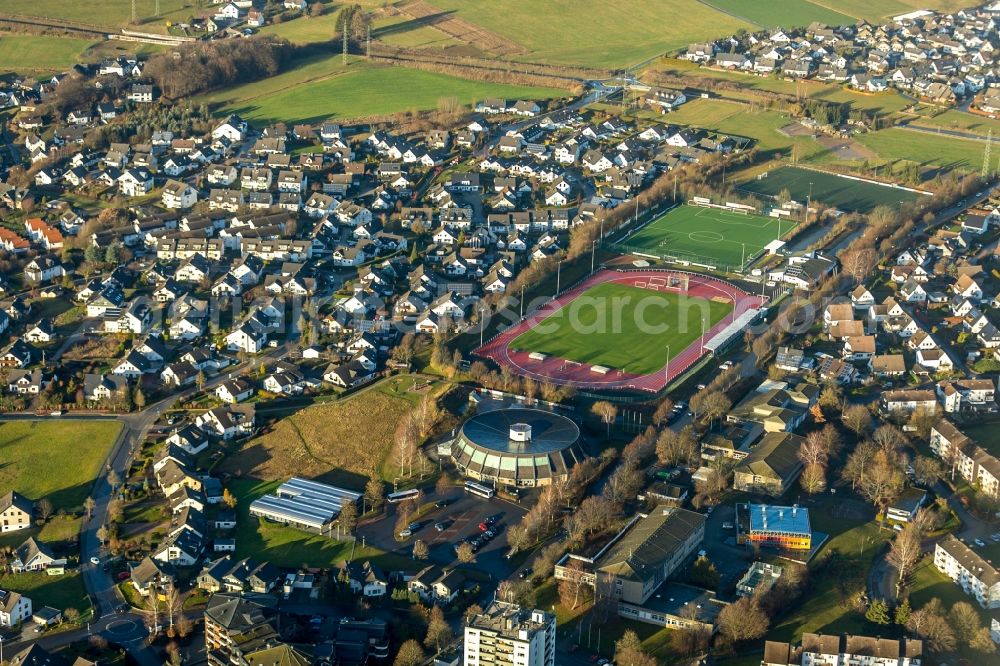 Attendorn from above - Ensemble of sports grounds and die Randturnhalle in Attendorn in the state North Rhine-Westphalia, Germany