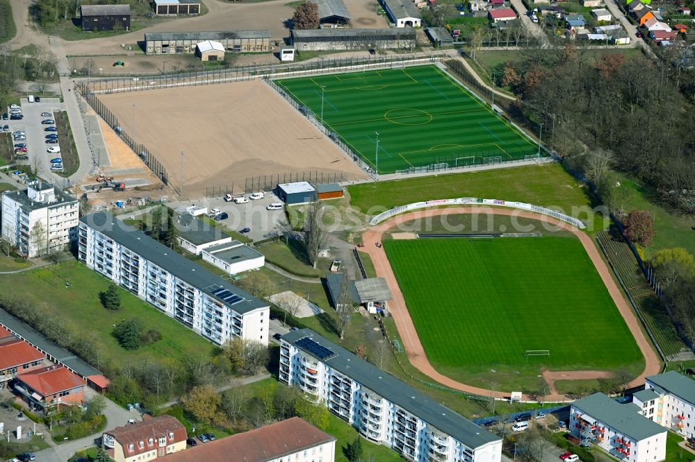 Schwedt/Oder from above - Ensemble of sports grounds of FC Schwedt 02 e.V. in Schwedt/Oder in the state Brandenburg, Germany