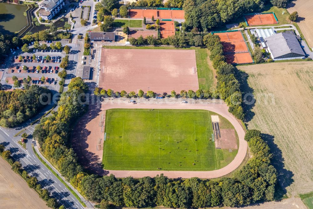 Pelkum from above - Ensemble of sports grounds on Selbachpark in Pelkum at Ruhrgebiet in the state North Rhine-Westphalia, Germany