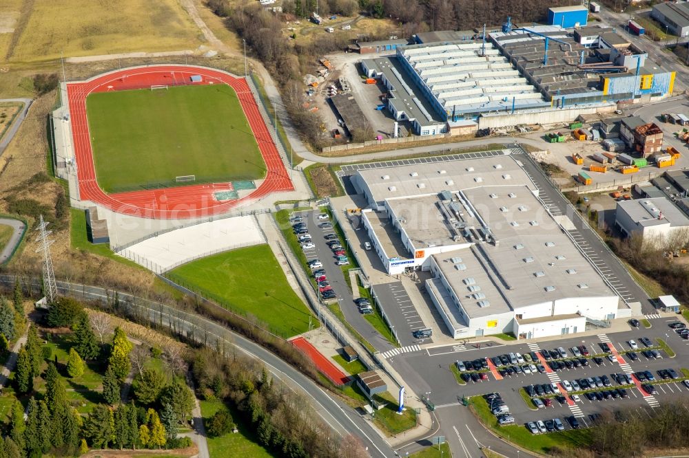 Velbert from above - Ensemble of sports fields and sports hall at the EMKA Sports Center Velbert in Velbert in the state of North Rhine-Westphalia, Germany