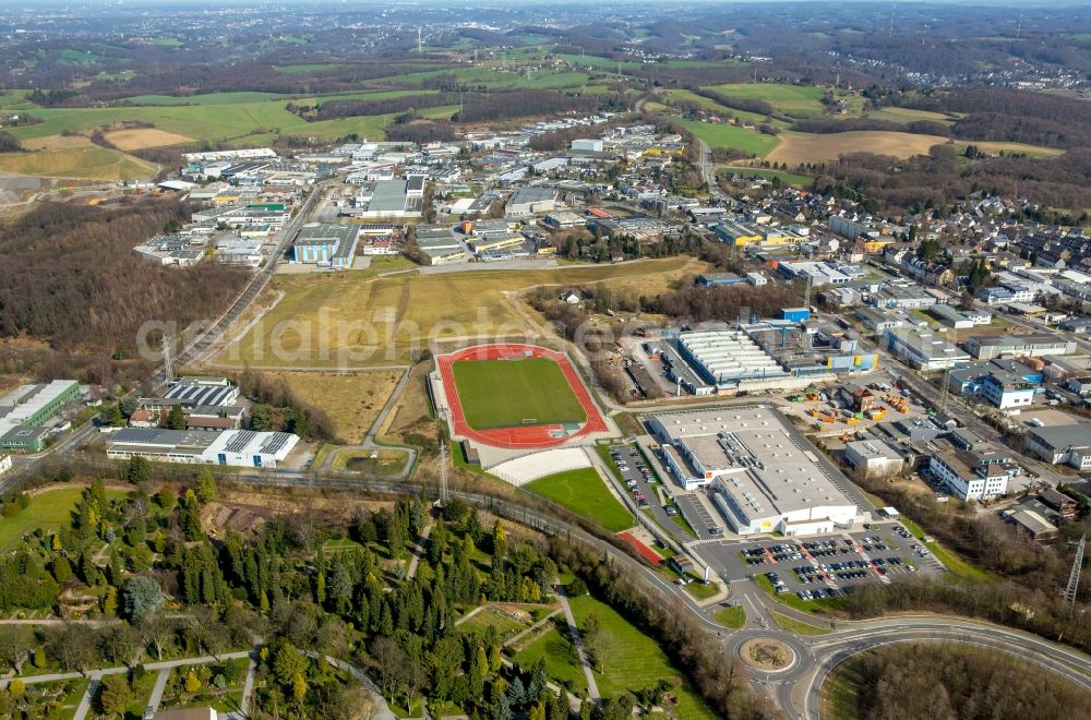 Velbert from above - Ensemble of sports fields and sports hall at the EMKA Sports Center Velbert in Velbert in the state of North Rhine-Westphalia, Germany