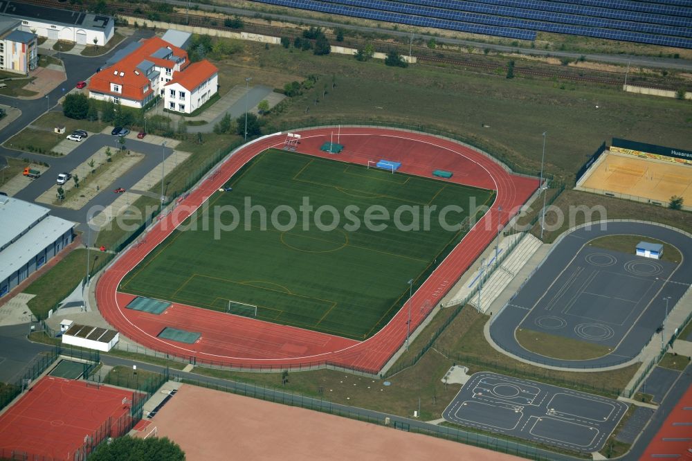 Großenhain from the bird's eye view: Ensemble of sports grounds of the sports park in the Husarenviertel in Grossenhain in the state of Saxony. The compound includes outdoor facilities and halls