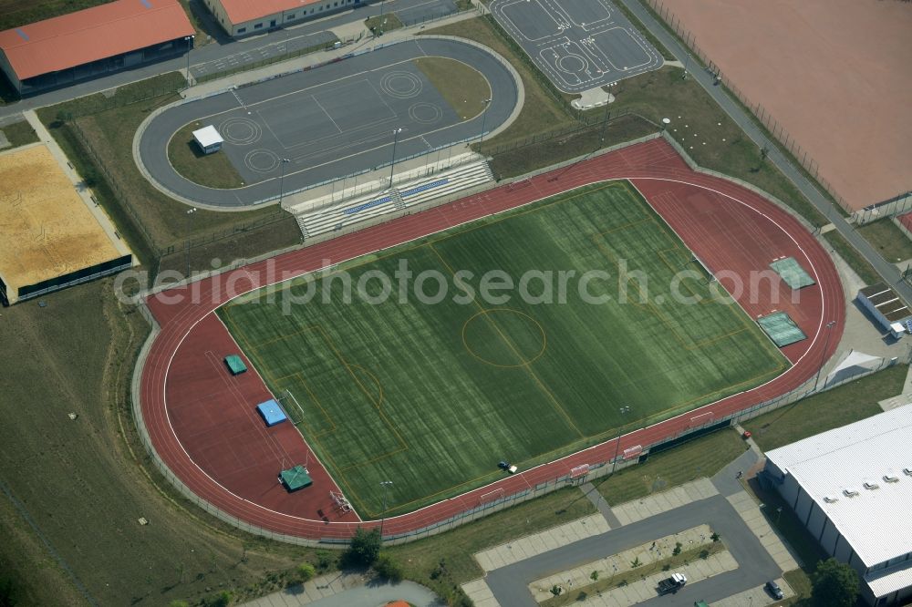 Aerial image Großenhain - Ensemble of sports grounds of the sports park in the Husarenviertel in Grossenhain in the state of Saxony. The compound includes outdoor facilities and halls