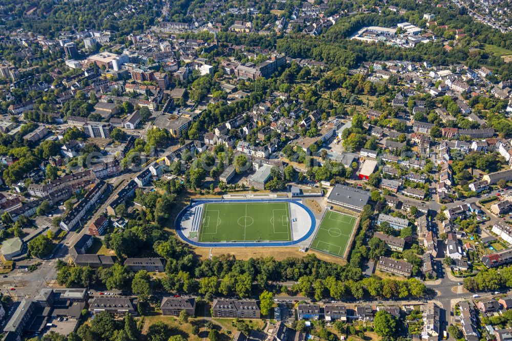 Essen from the bird's eye view: Ensemble of sports grounds Sportplatz Prinzenstrasse on street Prinzenstrasse in Essen at Ruhrgebiet in the state North Rhine-Westphalia, Germany