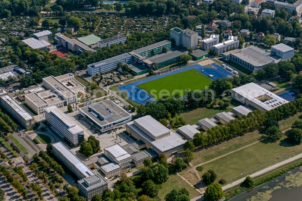 Aerial photograph Leipzig - Ensemble of sports grounds of Sportwissenschaftliche Fakultaet der Universitaet Leipzig in Leipzig in the state Saxony