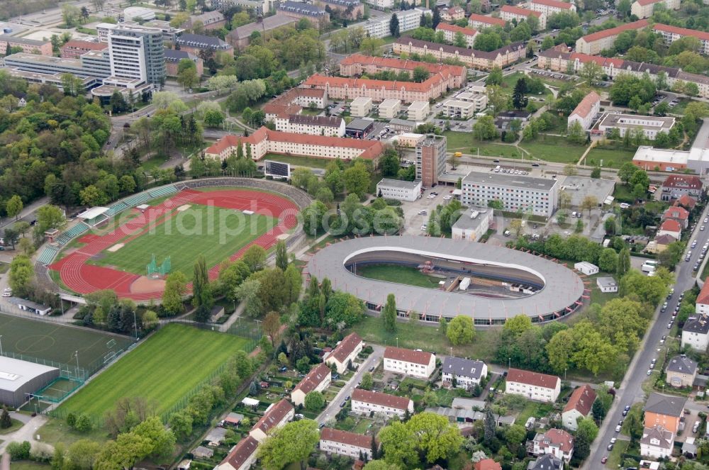 Cottbus from the bird's eye view: Ensemble of sports grounds Sportzentrum in Cottbus in the state Brandenburg. Es ist eines der groessten und modernsten Sportanlagen im Land Brandenburg einschl. Radsportanlage