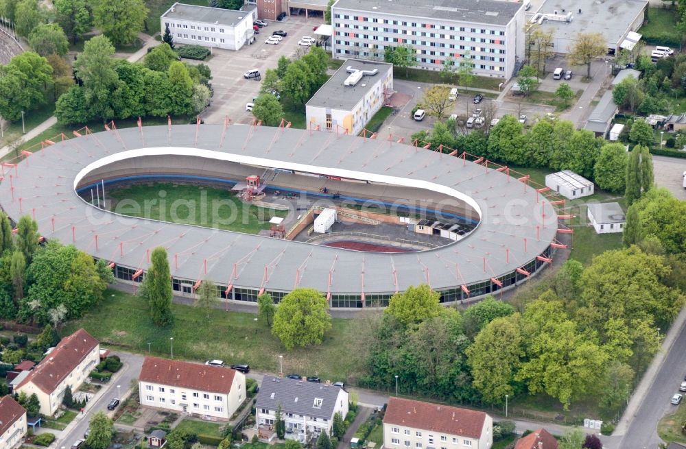 Aerial image Cottbus - Ensemble of sports grounds Sportzentrum in Cottbus in the state Brandenburg. Es ist eines der groessten und modernsten Sportanlagen im Land Brandenburg einschl. Radsportanlage