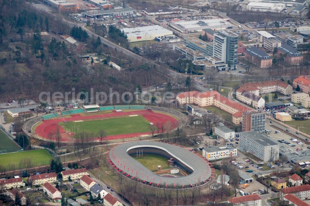 Cottbus from above - Ensemble of sports grounds Sportzentrum in Cottbus in the state Brandenburg. Es ist eines der groessten und modernsten Sportanlagen im Land Brandenburg einschl. Radsportanlage