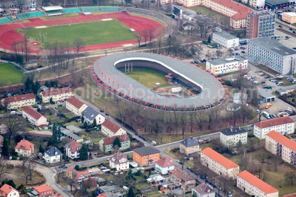 Cottbus from the bird's eye view: Ensemble of sports grounds Sportzentrum in Cottbus in the state Brandenburg. Es ist eines der groessten und modernsten Sportanlagen im Land Brandenburg einschl. Radsportanlage