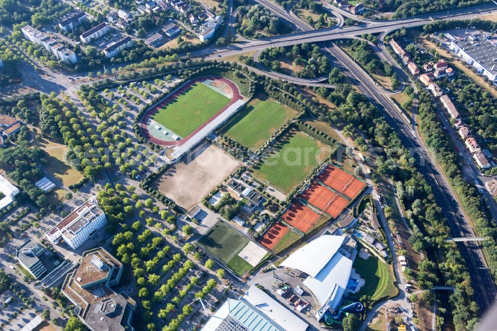 Karlsruhe from the bird's eye view: Ensemble of sports grounds Carl-Kaufmann-Stadion in the district Suedweststadt in Karlsruhe in the state Baden-Wuerttemberg, Germany