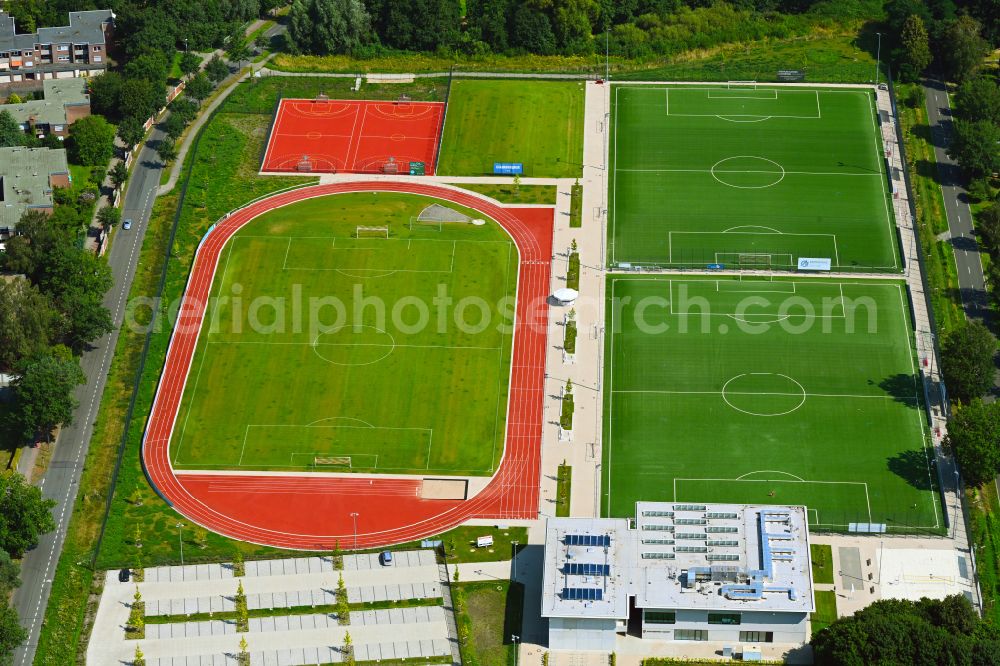 Münster from above - Ensemble of sports grounds of TSV Handorf 1926/64 e.V. on street Hobbeltstrasse in Muenster in the state North Rhine-Westphalia, Germany