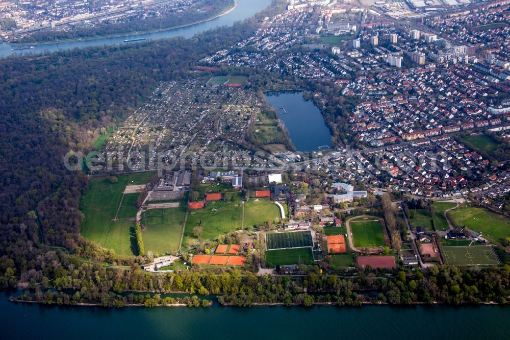 Mannheim from above - Ensemble of sports grounds of TSV Mannheim-Neckarau and Baofee Stollenwoerthweier in the district Neckarau in Mannheim in the state Baden-Wuerttemberg, Germany