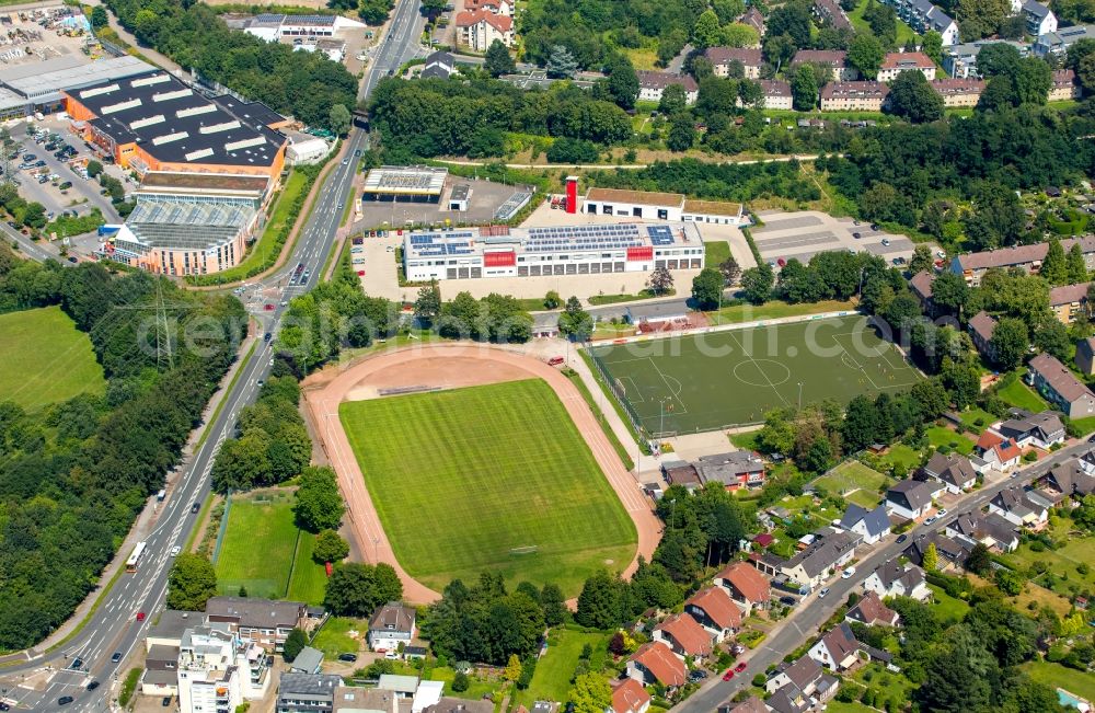 Aerial image Hattingen - Ensemble of sports grounds of gymnastics and sports club Hattingen 1863 e.V. in Hattingen in North Rhine-Westphalia. In the background, the fire and rescue station Hattingen