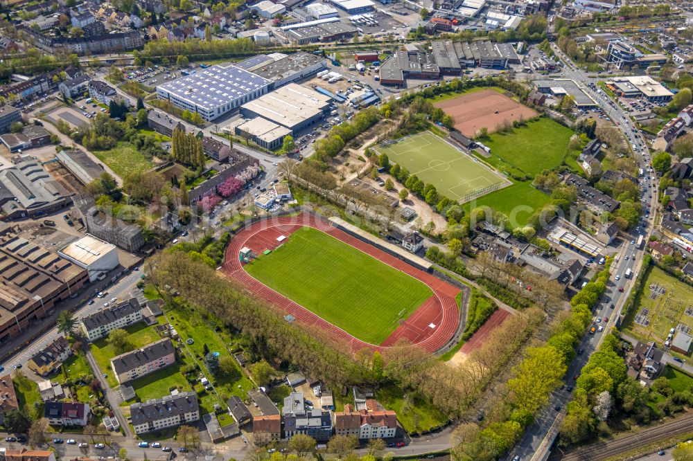 Witten from the bird's eye view: Ensemble of sports grounds of VfB Annen 19 e.V. on Westfalenstrasse in Witten in the state North Rhine-Westphalia, Germany