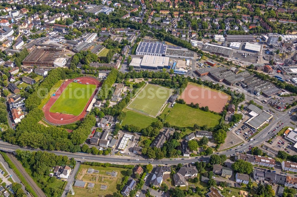 Witten from above - Ensemble of sports grounds of VfB Annen 19 e.V. on Westfalenstrasse in Witten in the state North Rhine-Westphalia, Germany