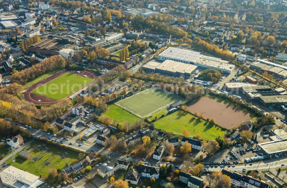 Witten from above - Ensemble of sports grounds of VfB Annen 19 e.V. on Westfalenstrasse in Witten in the state North Rhine-Westphalia, Germany