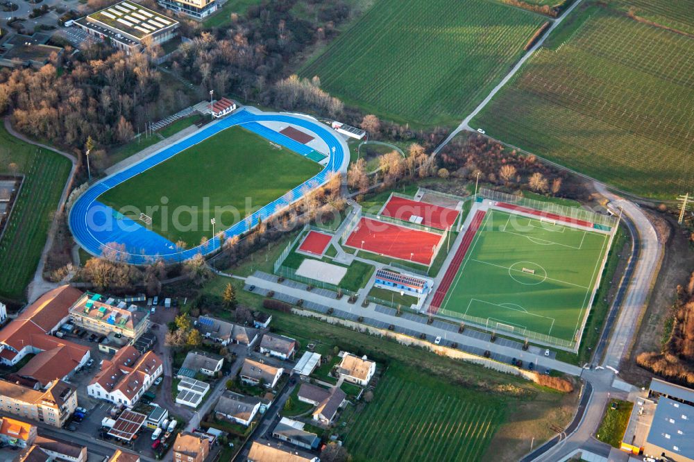 Edenkoben from above - Ensemble of sports grounds Weinstrassenstadion and Sportplatzanlage Edenkoben on street Maximilianstrasse in Edenkoben in the state Rhineland-Palatinate, Germany