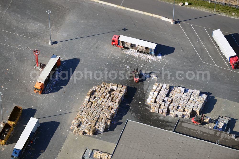 Aerial image Eisenhüttenstadt - View at Waste paper stacks on the plant grounds of the factory for corrugated base paper Propapier plant PM2 GmbH in Eisenhüttenstadt in Brandenburg