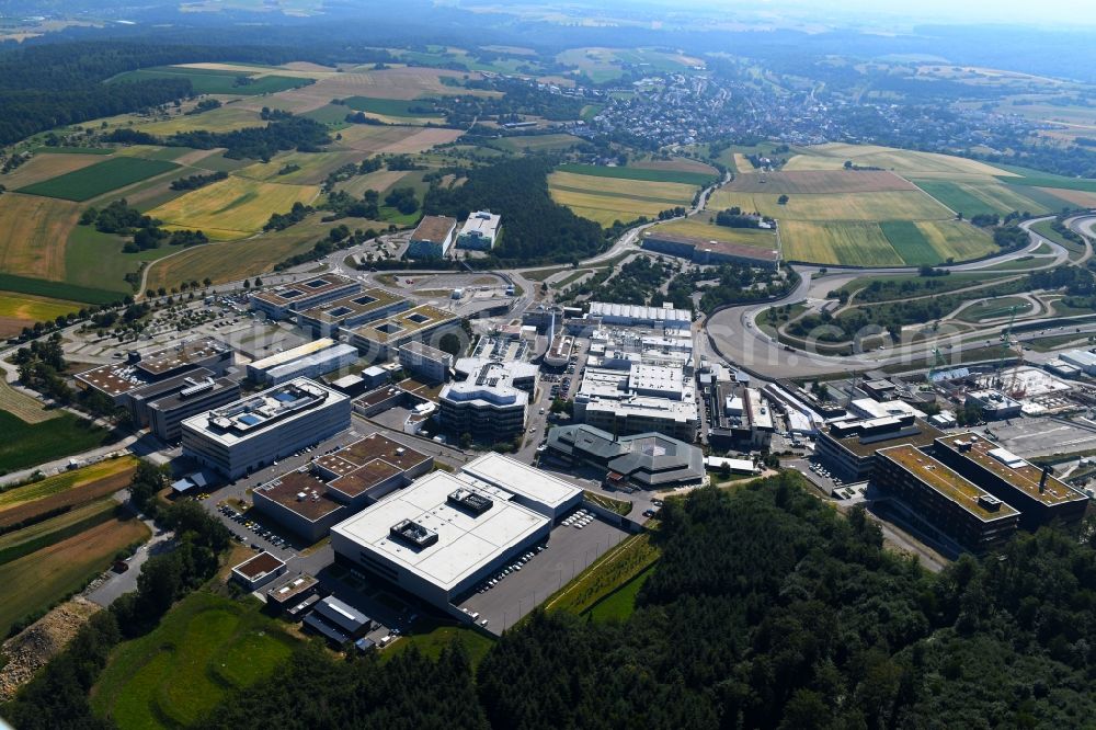 Weissach from above - Development building and office complex of Porsche Entwicklungszentrum in Weissach in the state Baden-Wurttemberg, Germany