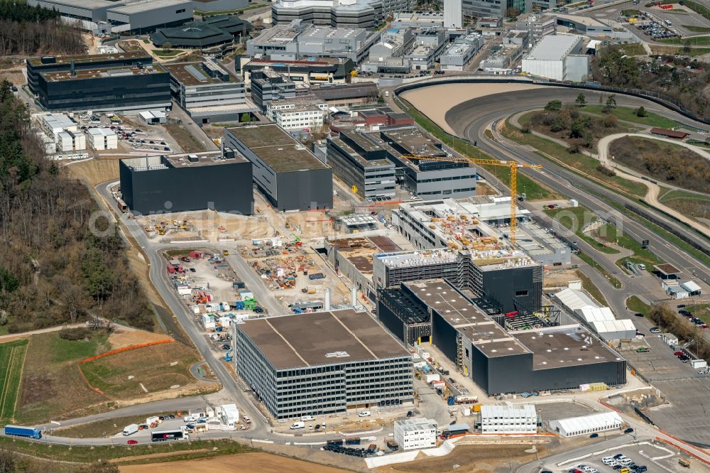 Weissach from above - Development building and office complex of Porsche Entwicklungszentrum in Weissach in the state Baden-Wurttemberg, Germany