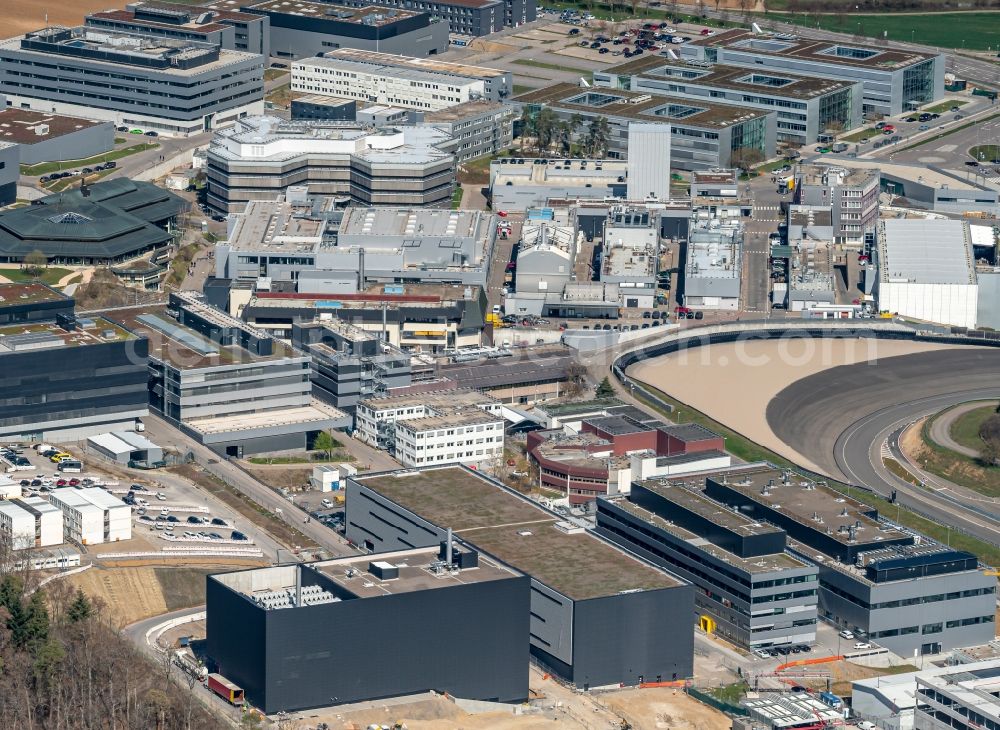 Weissach from above - Development building and office complex of Porsche Entwicklungszentrum in Weissach in the state Baden-Wurttemberg, Germany