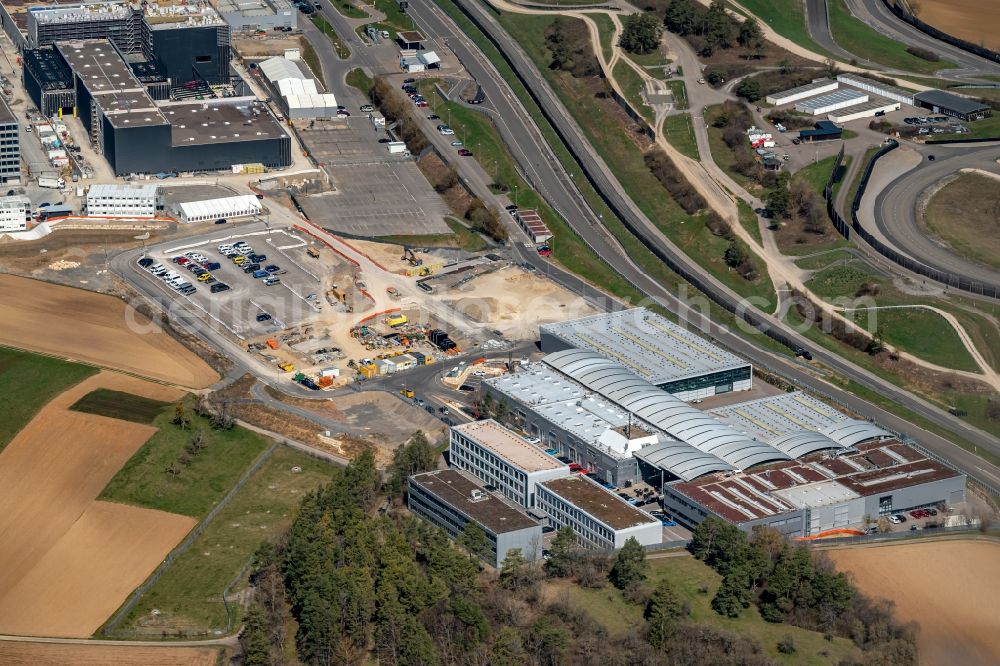 Weissach from the bird's eye view: Development building and office complex of Porsche Entwicklungszentrum in Weissach in the state Baden-Wurttemberg, Germany