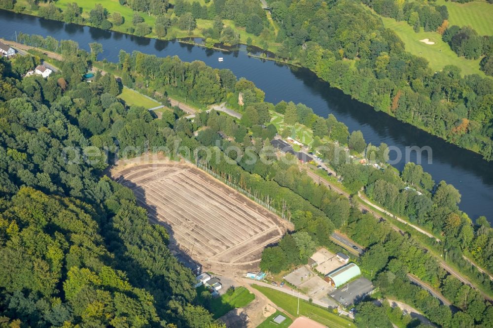 Essen from above - Development area and building land fallow eines alten Sportplatzes neben dem Verein of Boulegemeinschaft Kettwig e.V. along the Ruhrtalstrasse in Essen in the state North Rhine-Westphalia, Germany