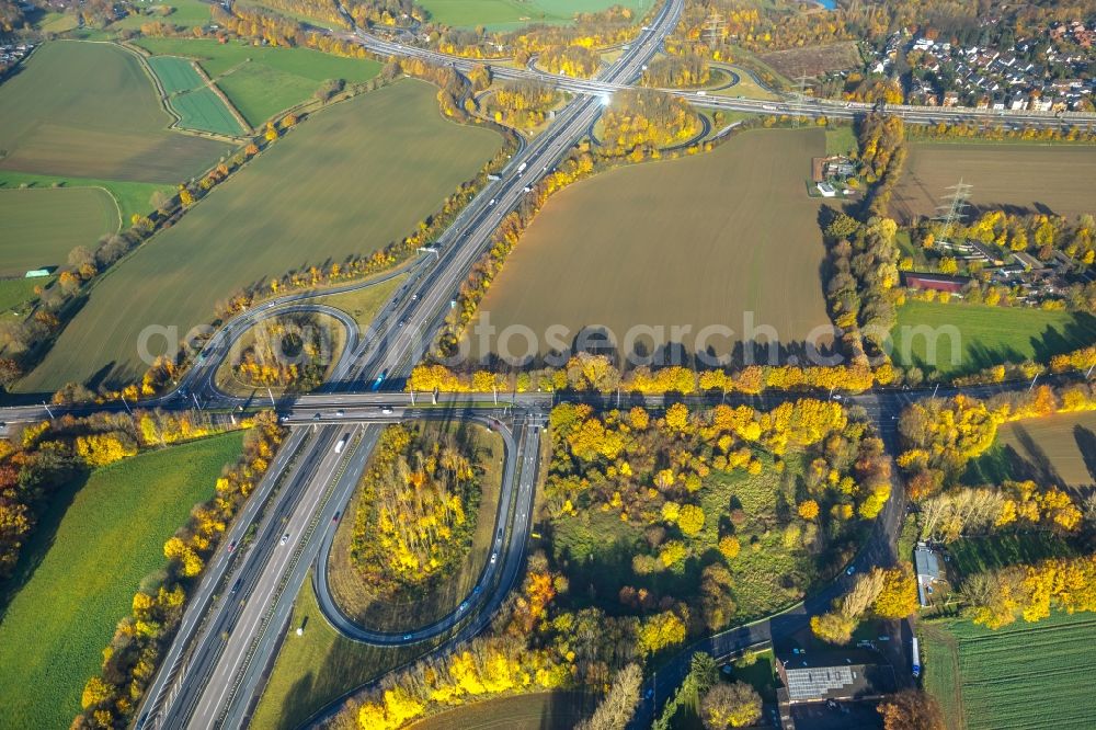 Bochum from above - Development area and building land fallow on higway route exit Querenburg in Bochum in the state North Rhine-Westphalia, Germany