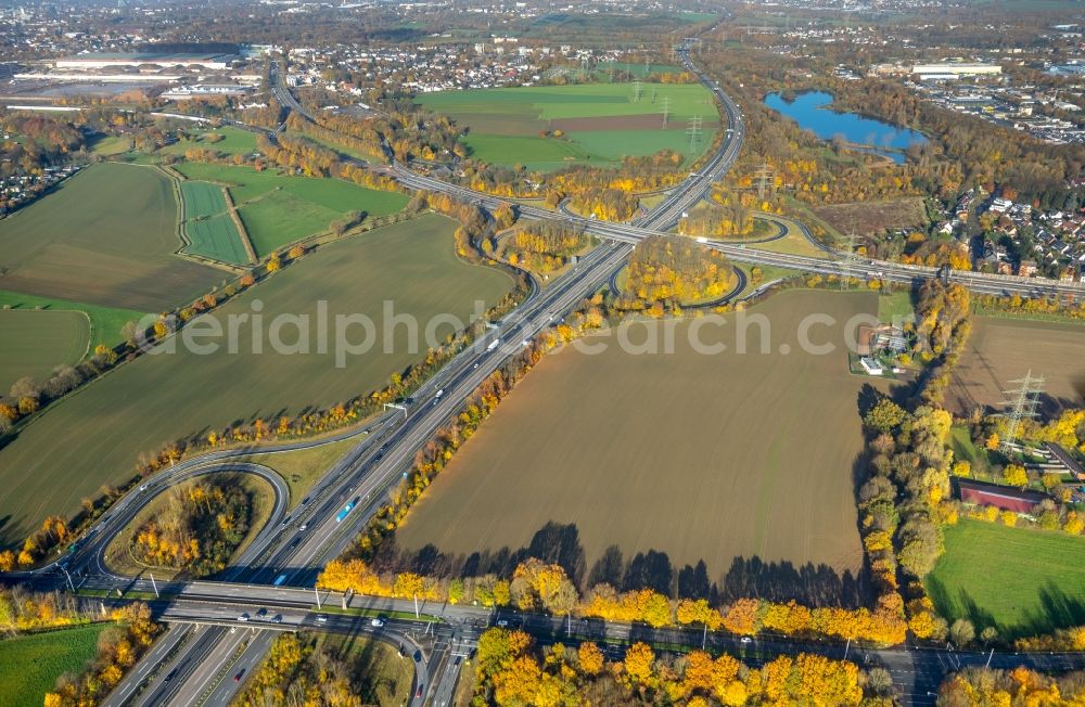 Bochum from above - Development area and building land fallow on higway route exit Querenburg in Bochum in the state North Rhine-Westphalia, Germany