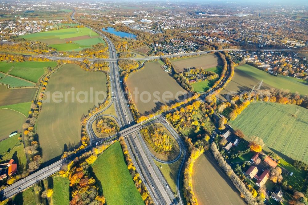 Bochum from above - Development area and building land fallow on higway route exit Querenburg in Bochum in the state North Rhine-Westphalia, Germany