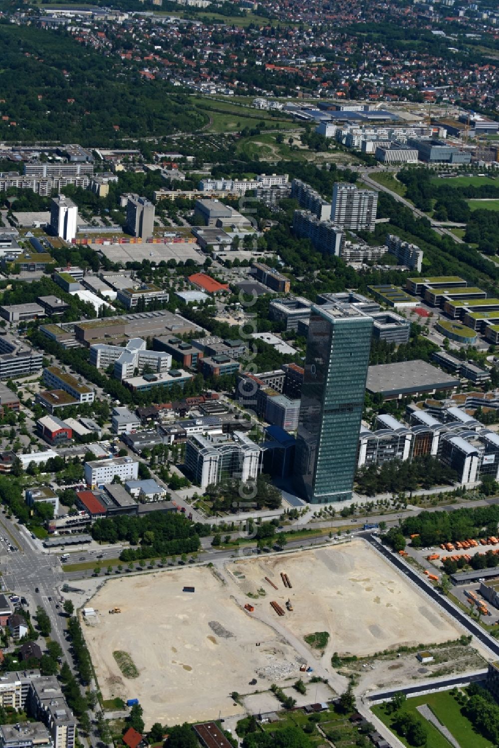 München from above - Development area and building land fallow on Georg-Brauchle-Ring - Emmy-Noether-Strasse in the district Moosach in Munich in the state Bavaria, Germany