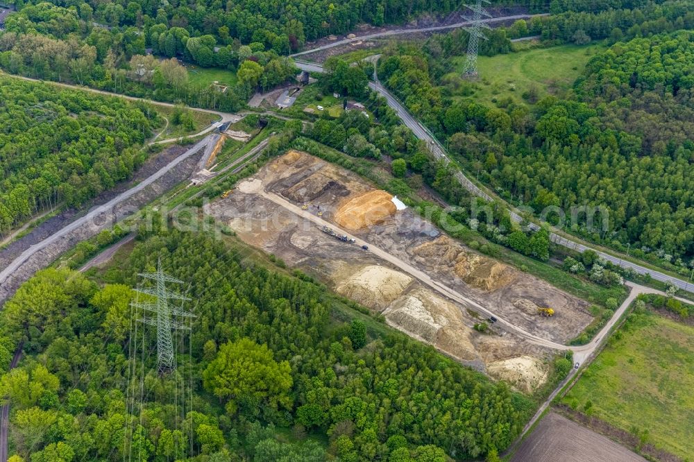 Bottrop from above - Development area and building land fallow with earthworks at Halde 22 along Horster Strasse on the course of the river Boye in Bottrop at Ruhrgebiet in the state North Rhine-Westphalia, Germany